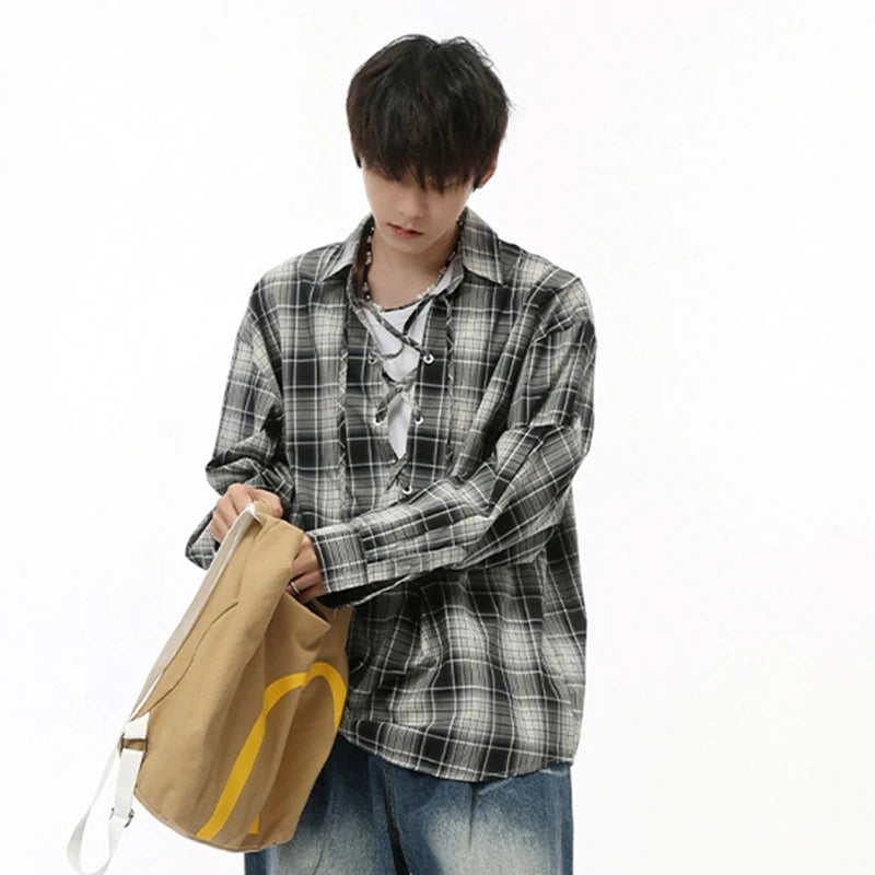Casual Plaid Lace-up Loose Shirt