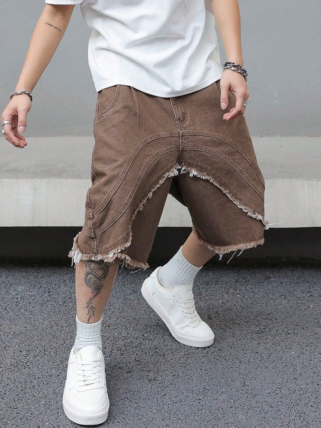 Fringe Design Brown Denim Shorts
