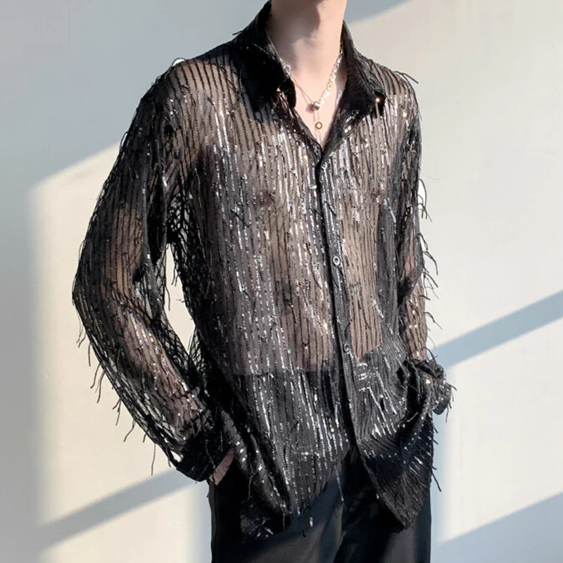 Tassel Sequins Lapel Thin Loose Shirt