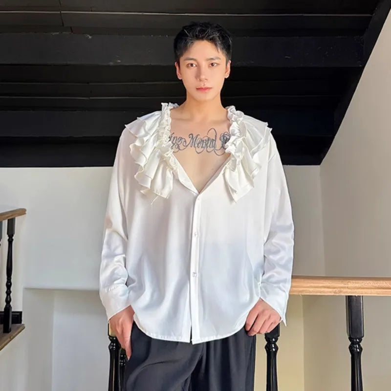 Solid Ruffled Collar Loose Shirt