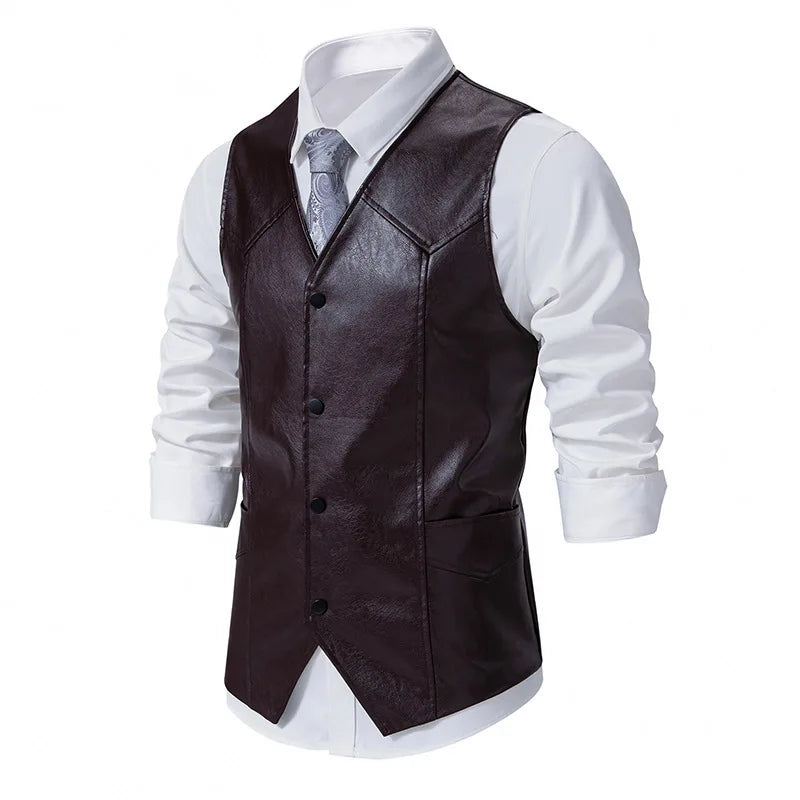Single-Breasted Solid Faux Leather Vest