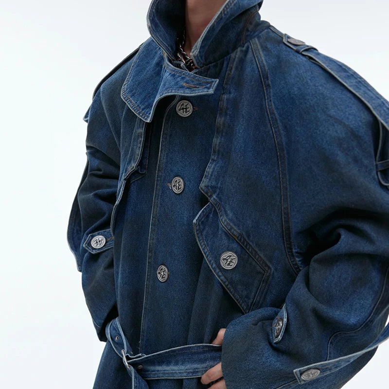 Long Denim Loose Design Solid Coat
