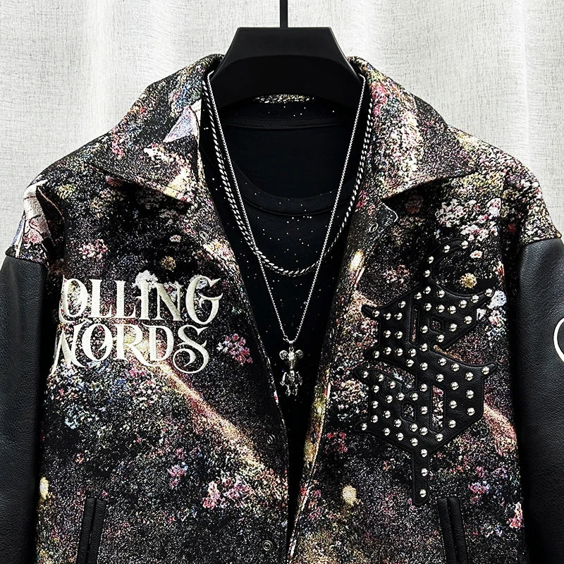 Abstract Embroidery Letter Spliced Jacket