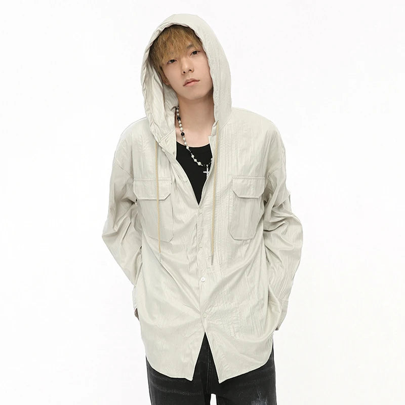 Solid Hooded Pleated Drawstring Jacket