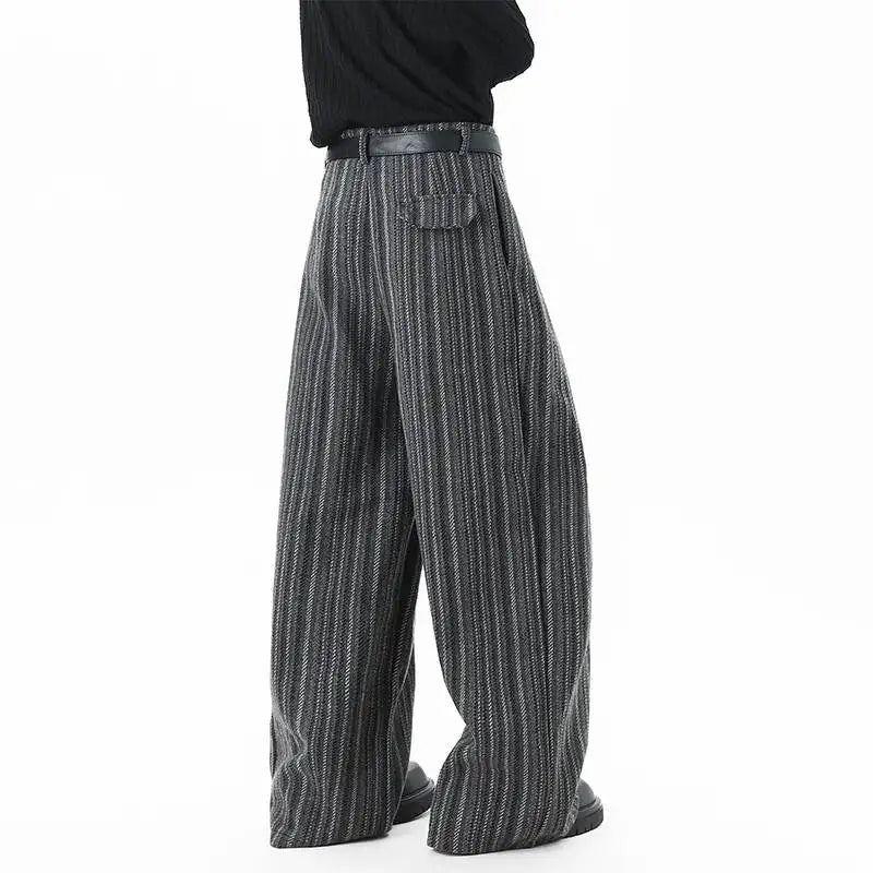 Striped Woolen Pleated Wide-Leg Trousers