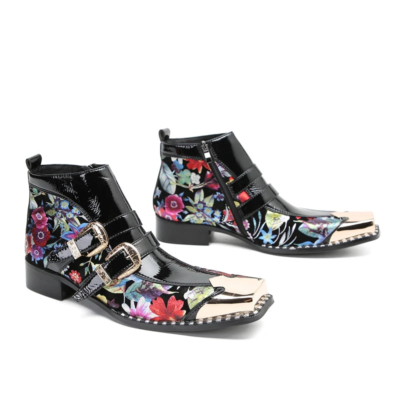 Floral Punk Style Genuine Leather Boots