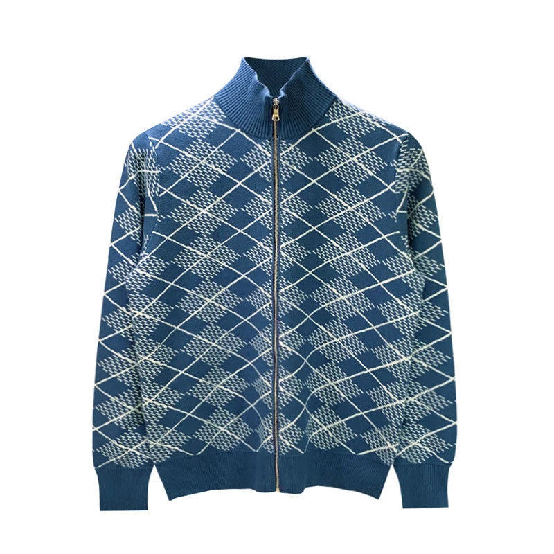 Half-High-Neck Slim Plaid Cardigan