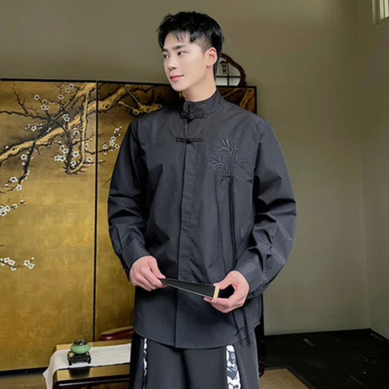 Solid Chinese Style Embroidery Shirt