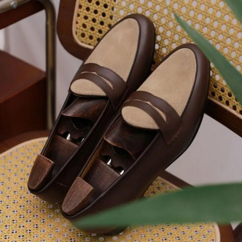 Khaki Coffee Color Leather Loafers