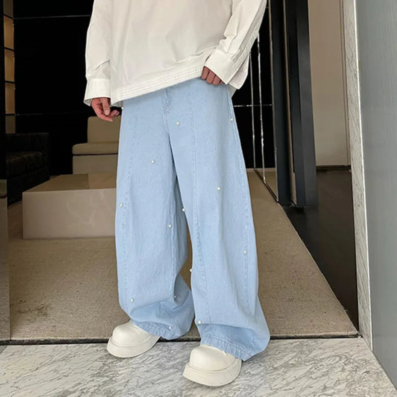 Beads Decoration Wide Leg Denim Jeans