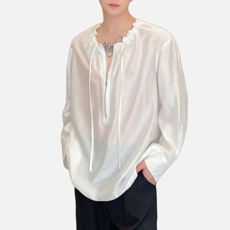 Round Neck Drawstring See-Through Shirt