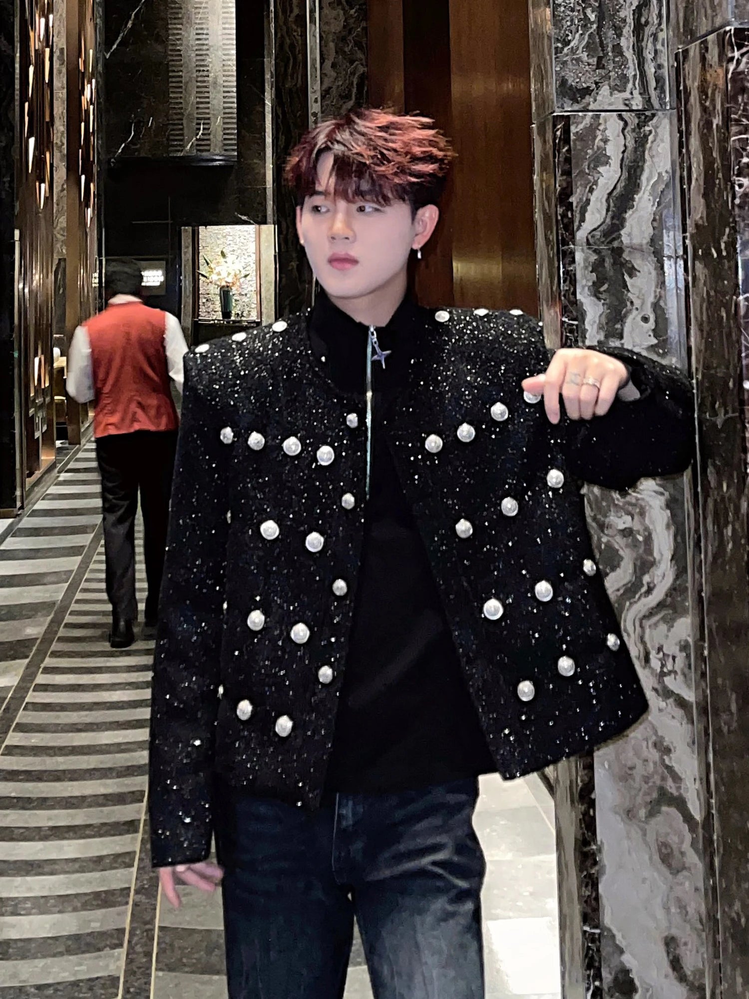 Black Small Sequins Multi Button Short Jacket