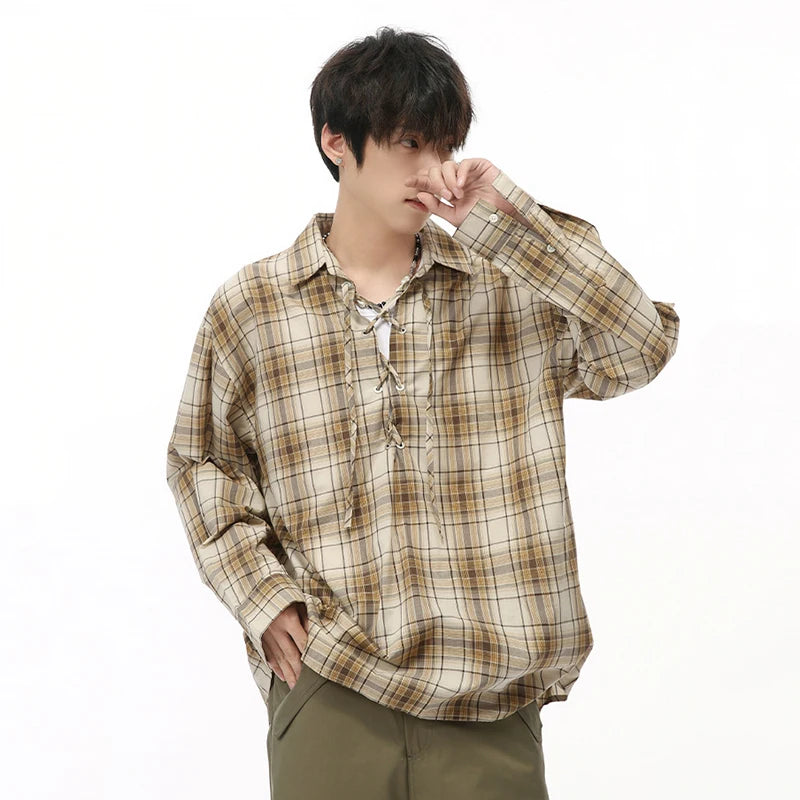 Casual Plaid Lace-up Loose Shirt