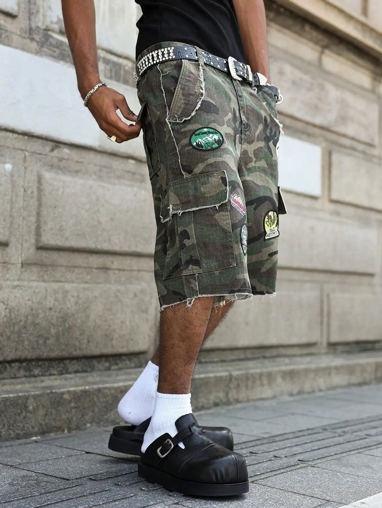 Camouflage Patchwork Denim Shorts