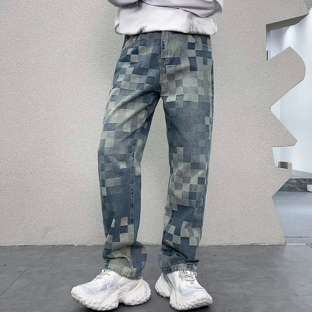 Check Jacquard Denim Loose Jeans