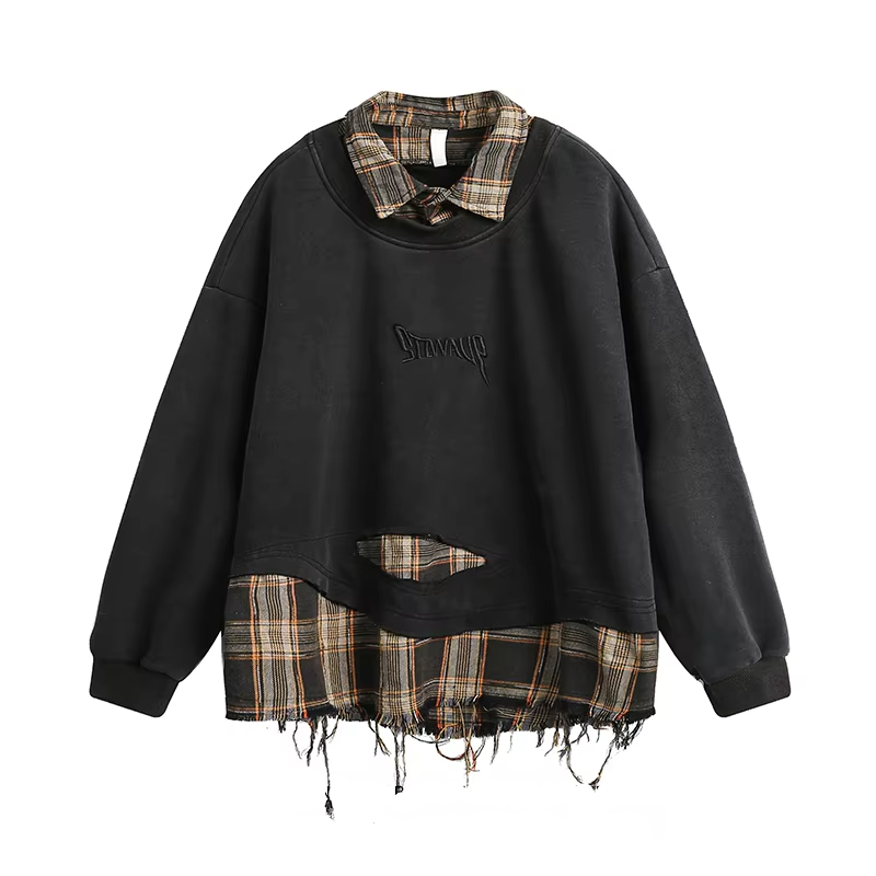 Plaid Letter Embroidery Patchwork Oversize Sweatshirt