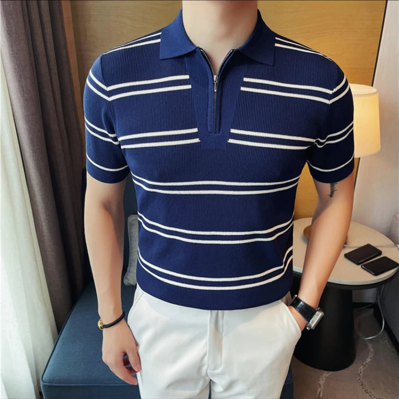 Casual Striped Knitted Short-Sleeved Polo Shirt