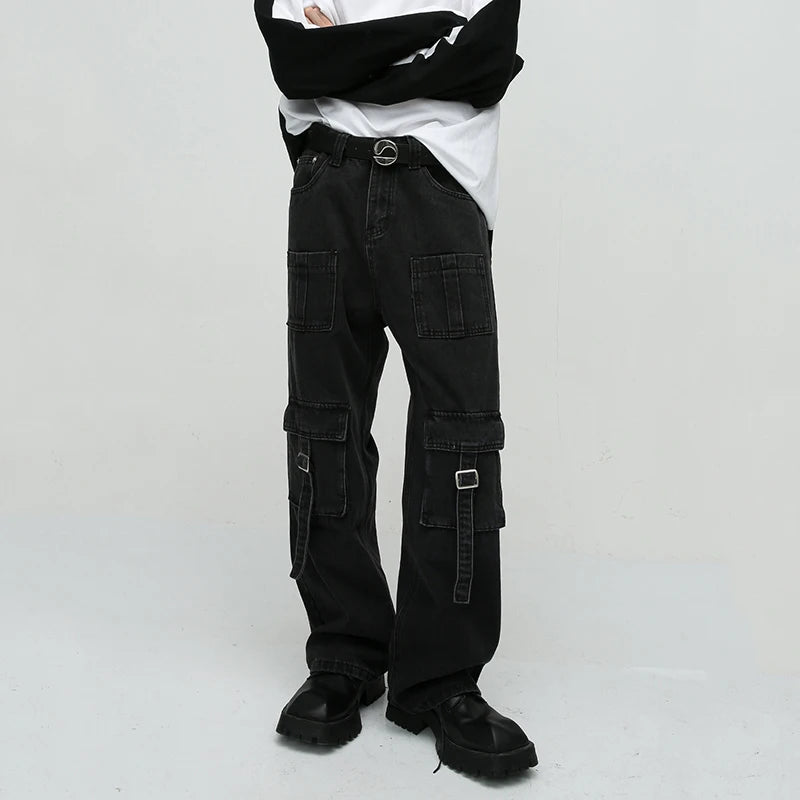 Pockets Belt Blue Denim Straight Jeans