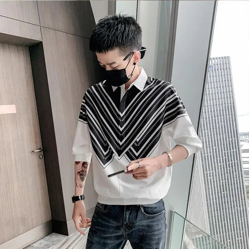 Stylish Printed Lapel Spliced Striped Shirt