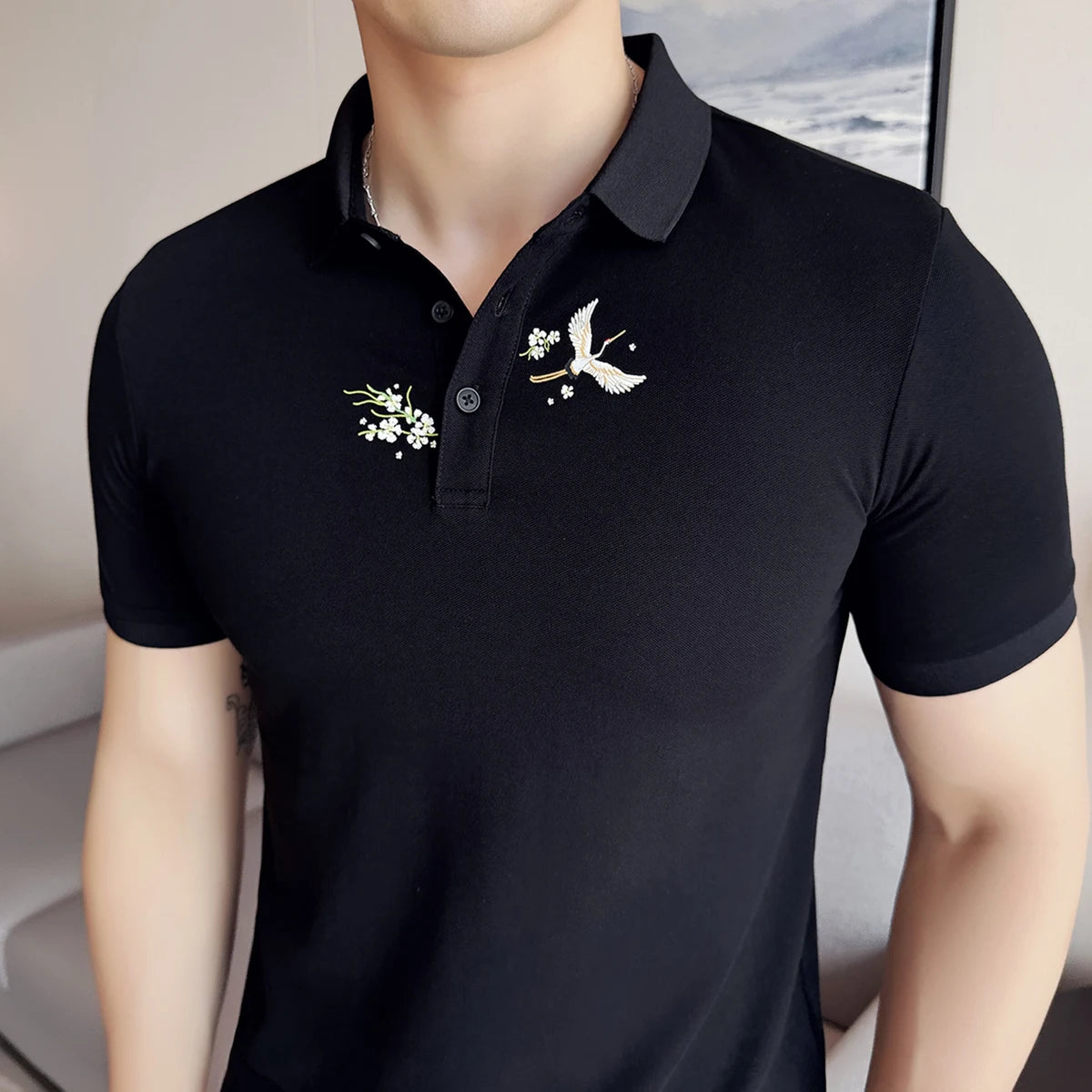 Bird & Flower Embroidered Polo Shirt