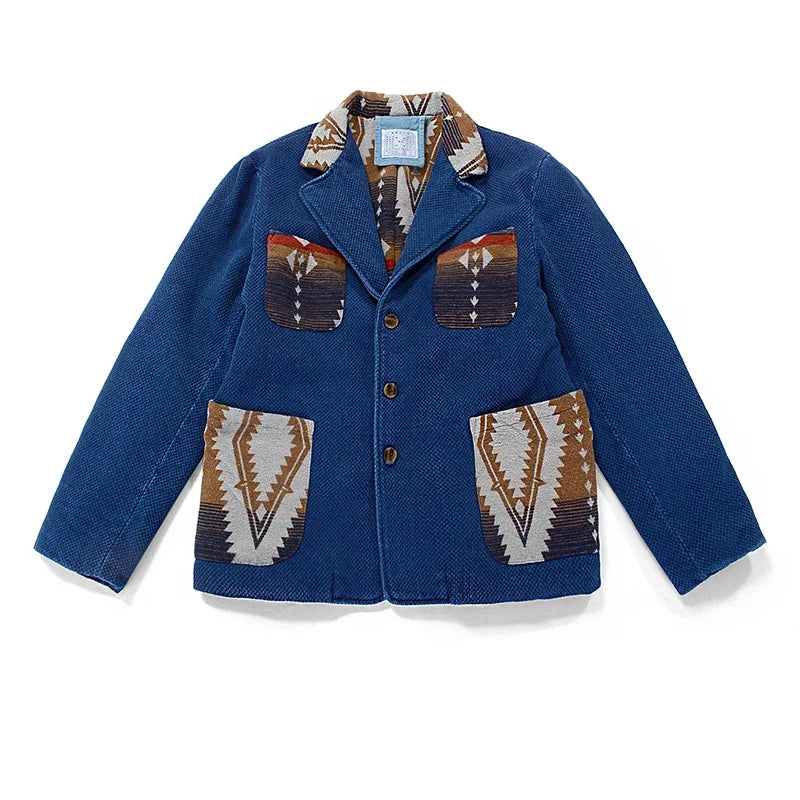 Retro Blue Dye Lapel Thick Jacket