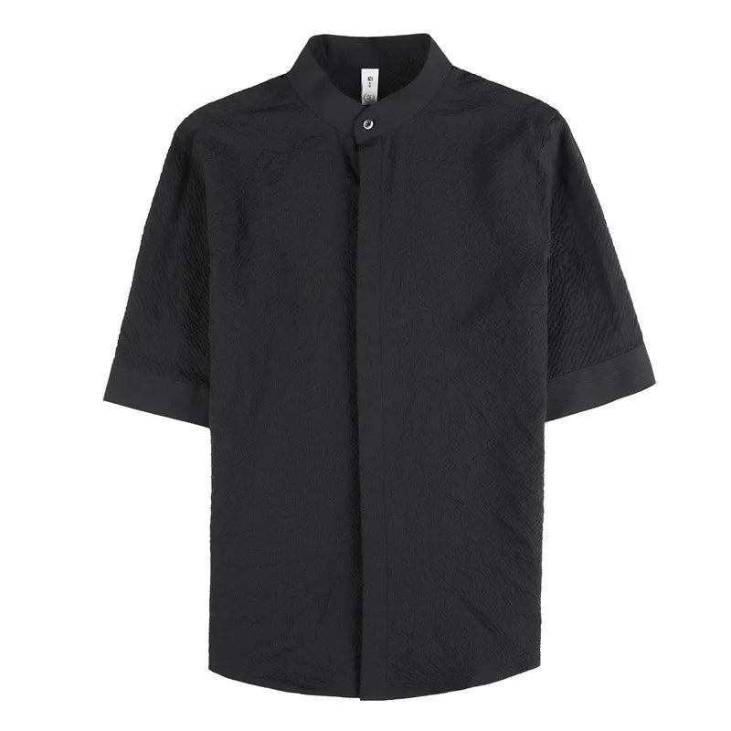 Subtle Sand Pattern Solid Color Stand Collar Shirt