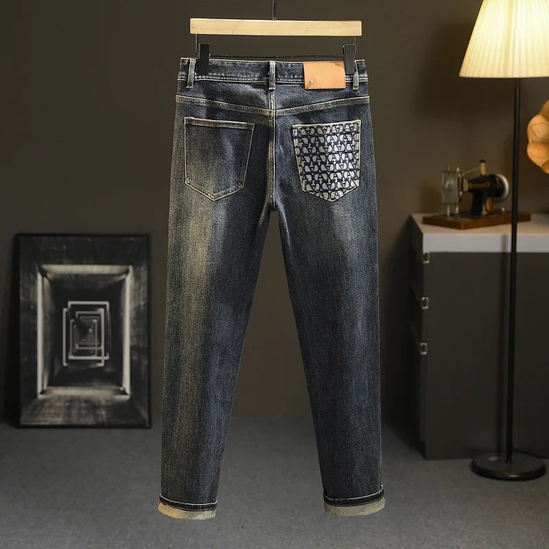 Embroidery Letter Pocket Blue Jeans