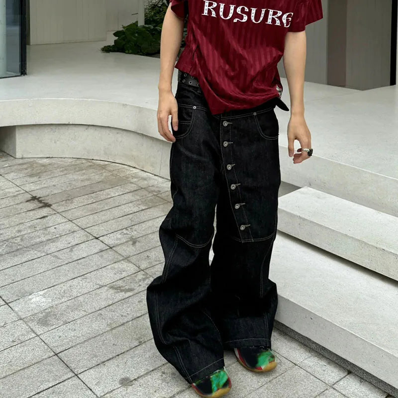 Button Curved Loose Straight Jeans