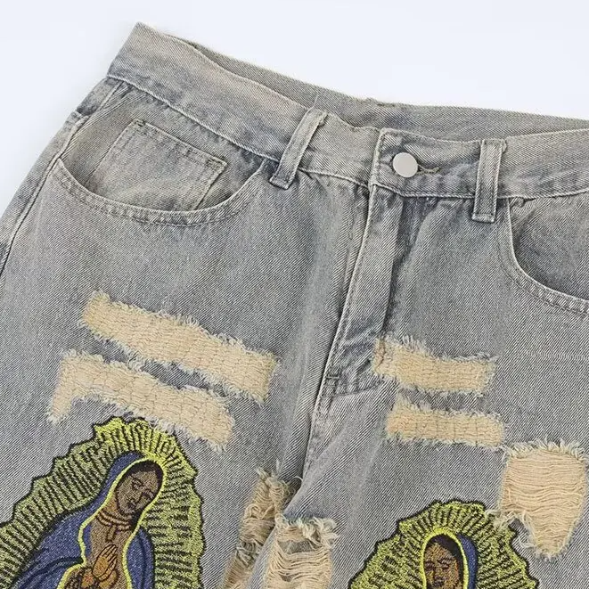 Embroidered Patchwork Ripped Loose Jeans