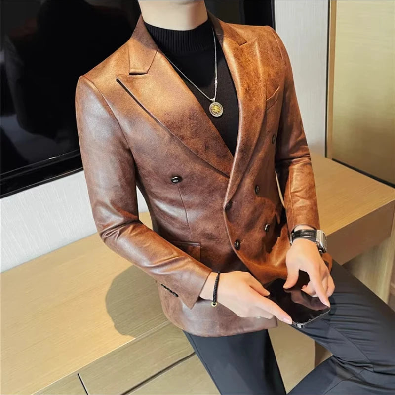Retro Faux Leather Double Breasted Blazer