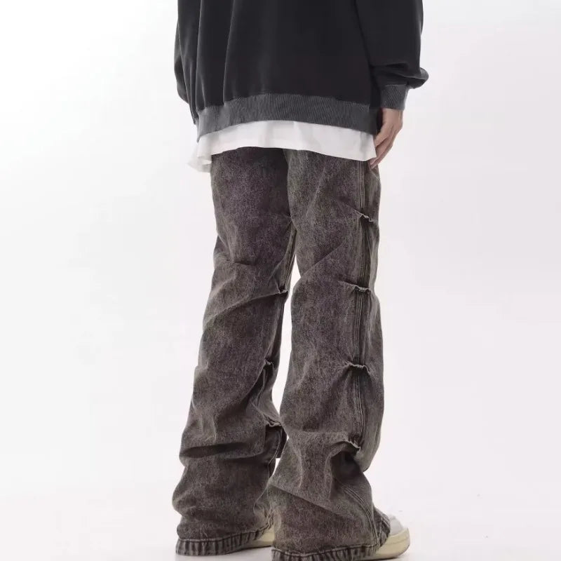 Side Pleated Design Distressed Jeans