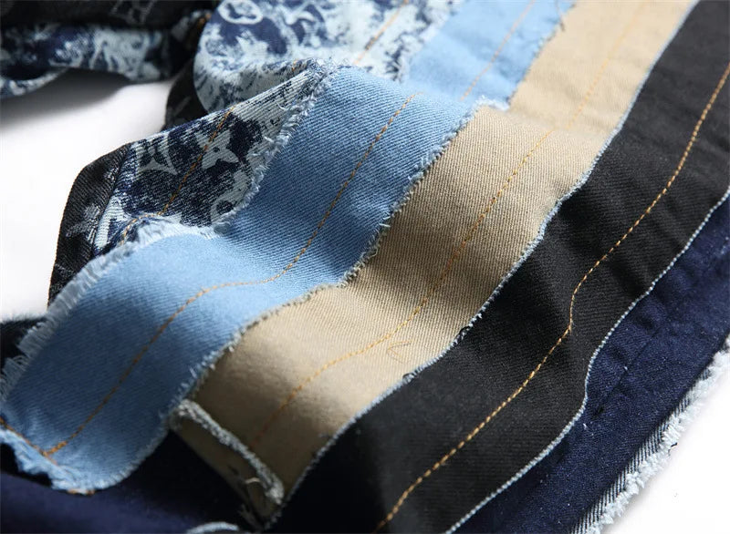 Dark Blue Slim-Fit Patchwork Jeans