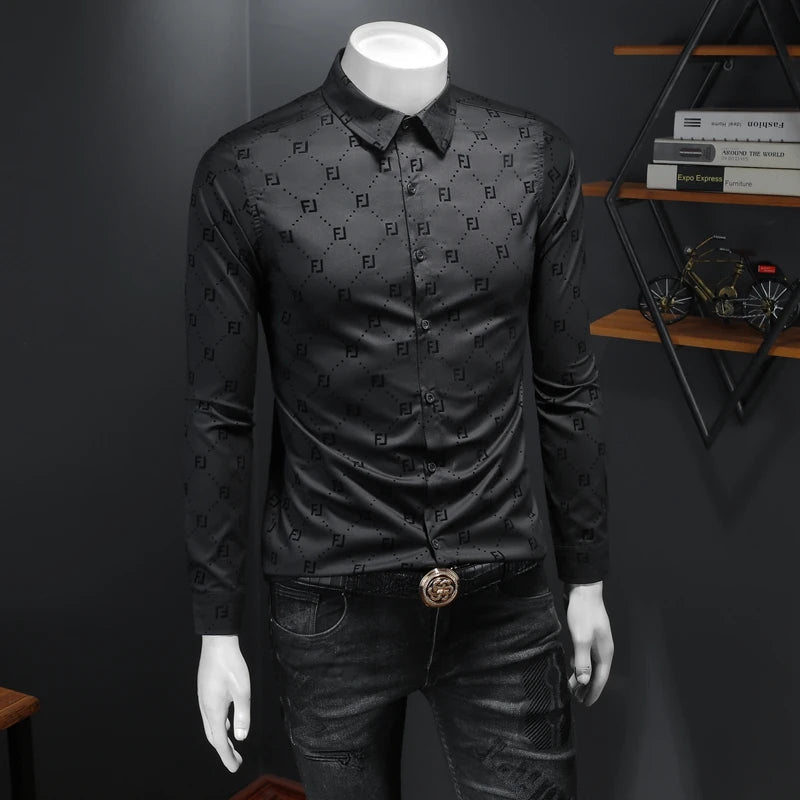 Geometric Black Design Slim-Fit Shirt