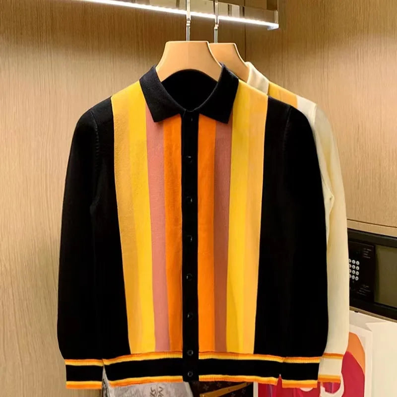 Vertical Stripe Button Knitted Cardigan
