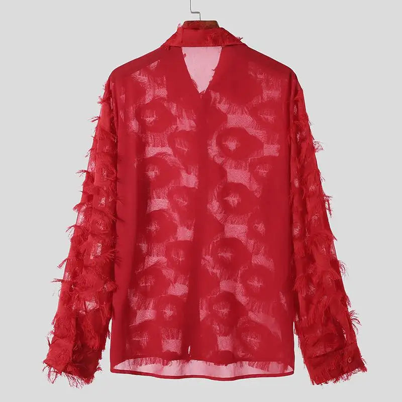 Bright Red Tassel Lapel Long Sleeve Shirt