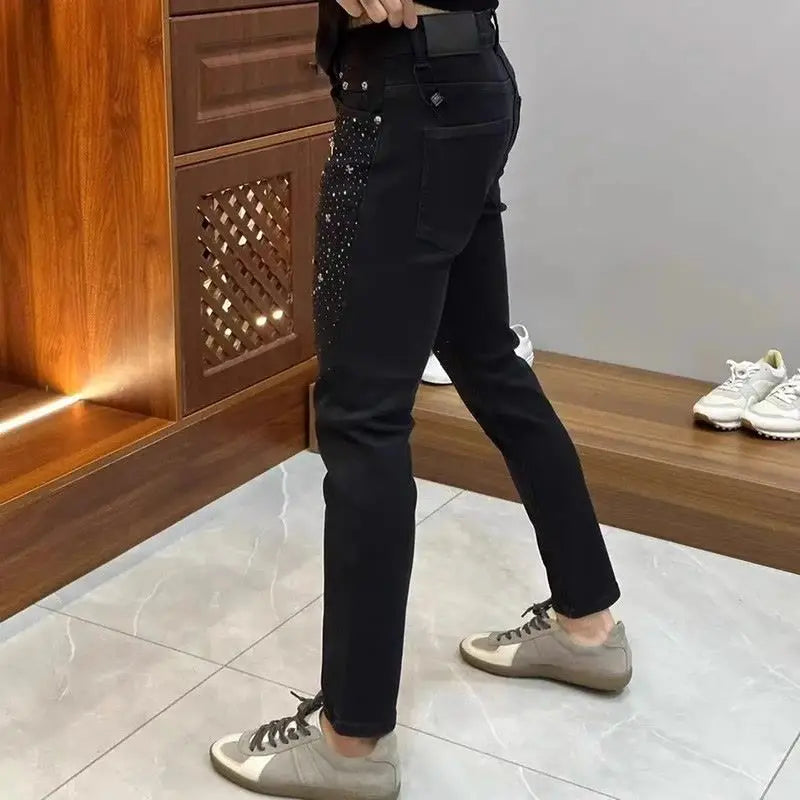 Black Stretch Rhinestone Fitted Casual Jeans