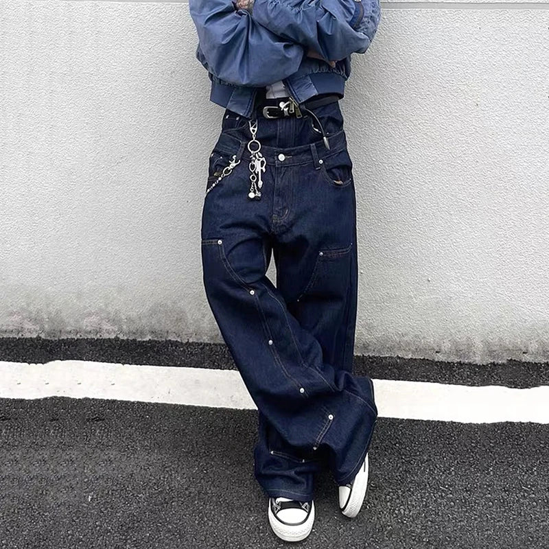 Metal Rivets Double Waistband Jeans