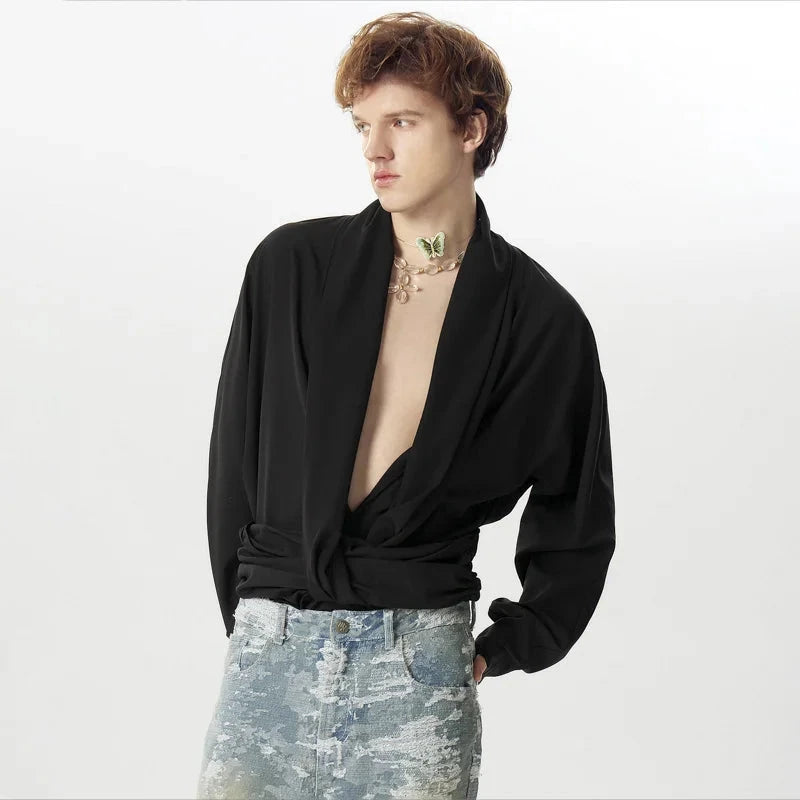 Solid Irregular Deep V-Neck Shirt