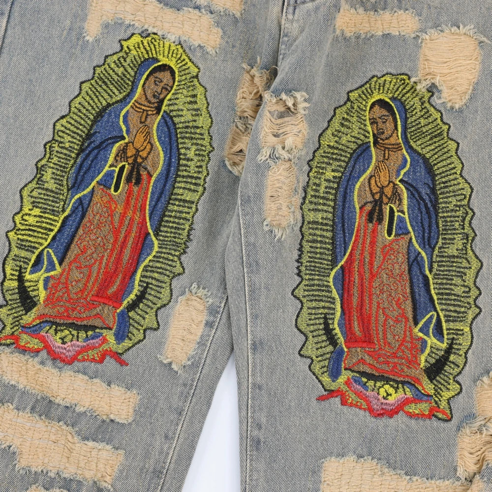 Ripped Embroidery Decoration Loose Jeans