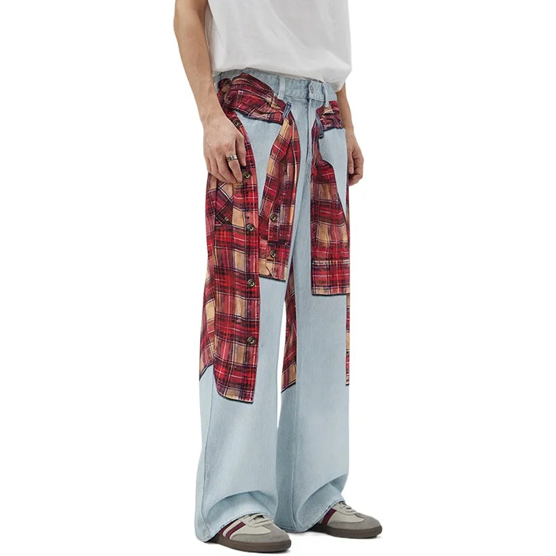 Red Plaid Flannel Printed Denim Jeans