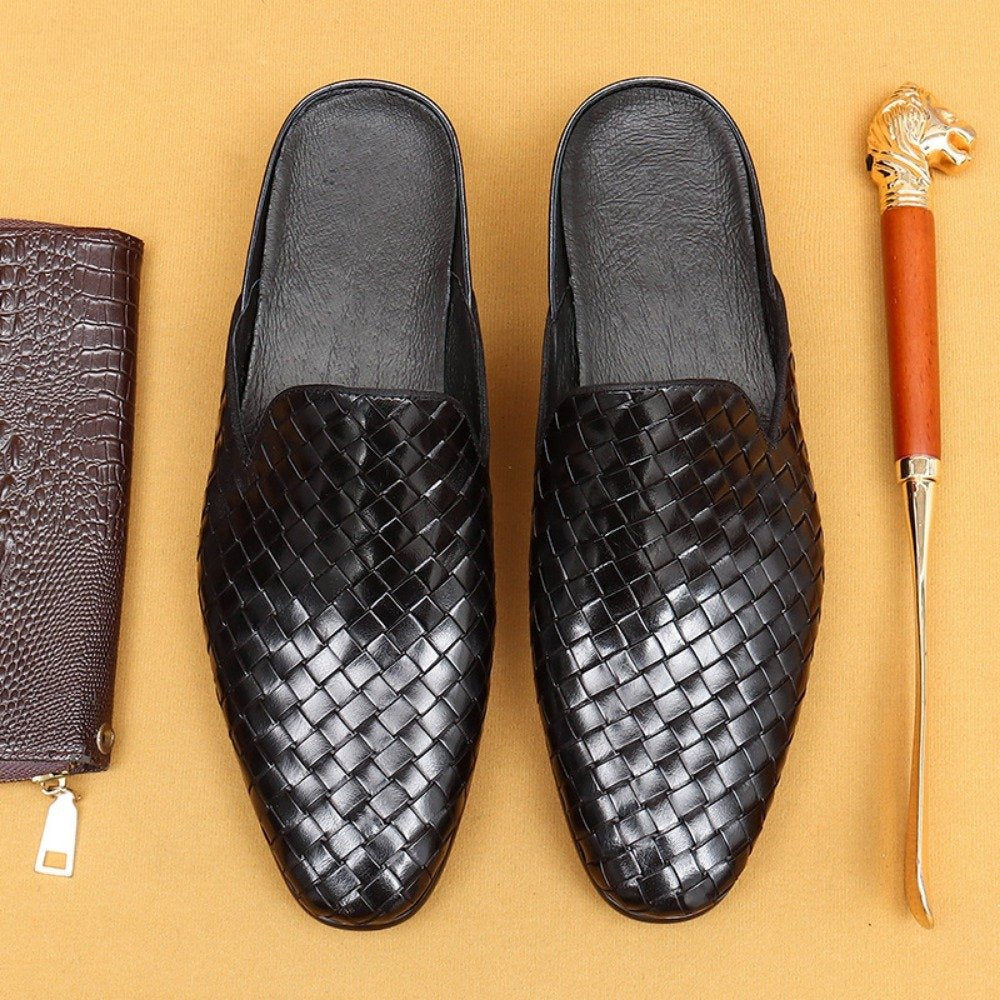 Woven Pattern Leather Mules Shoes