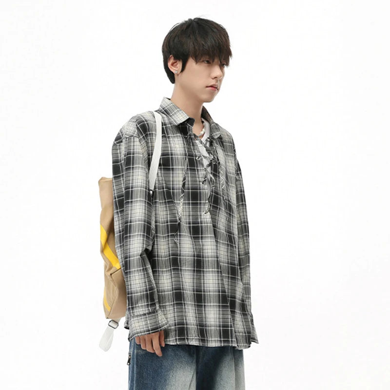 Casual Plaid Lace-up Loose Shirt