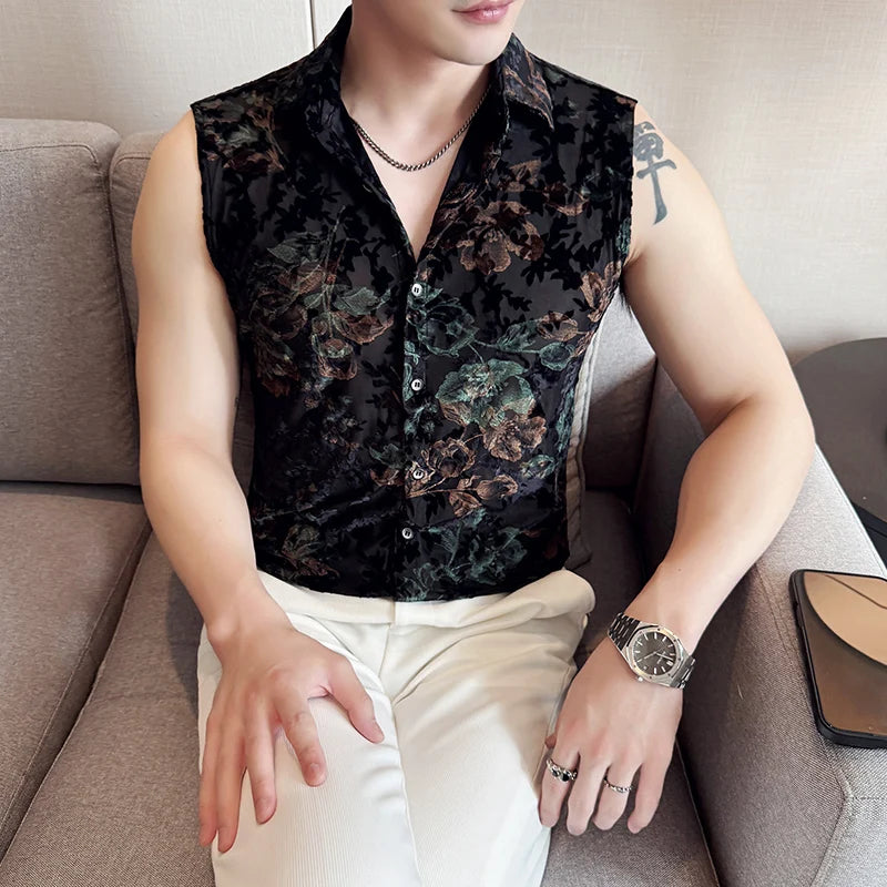 Floral Jacquard Mesh Sleeveless Shirt