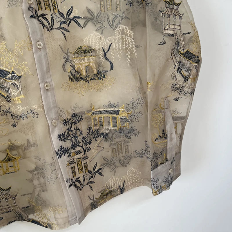 Oriental Embroidery Sheer Organza Shirt