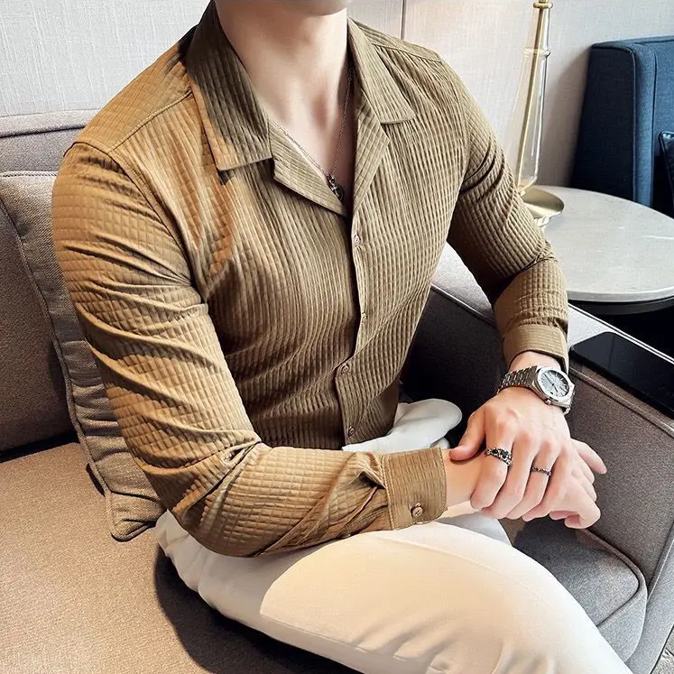 Waffle Texture Long Sleeve Men's Shirt
