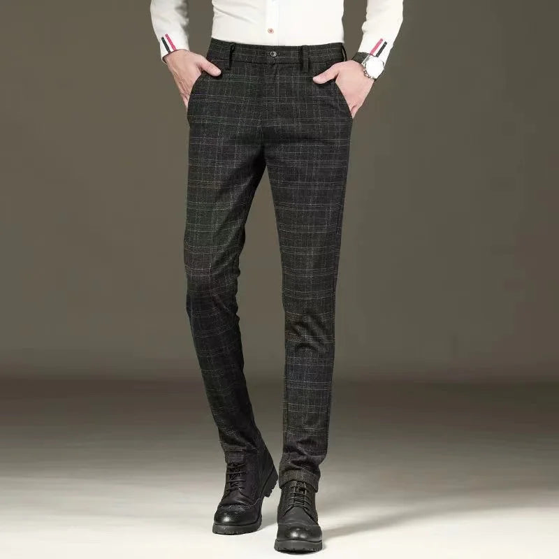 Black Grey Casual Plaid Straight Fit Trousers