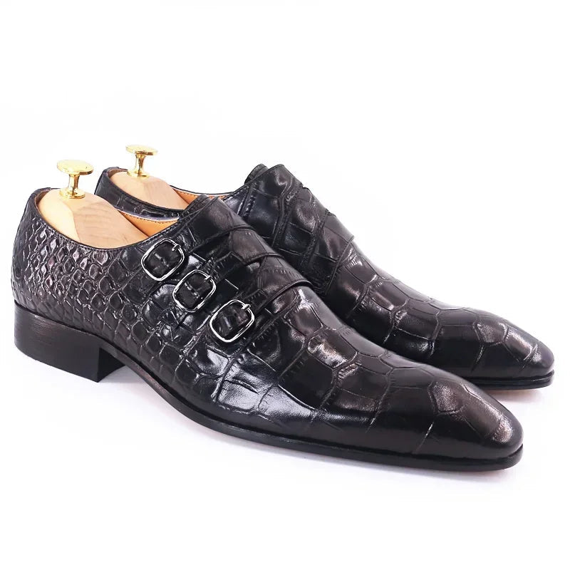 Triple Buckle Monk Strap Leather Shoes