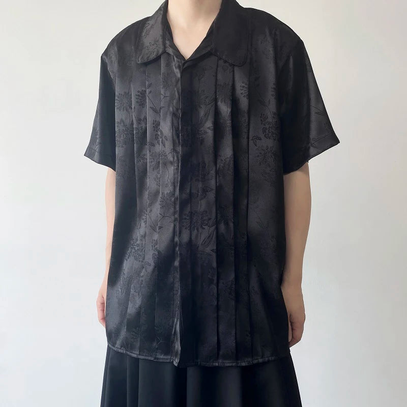 Pleated Flowers Stand Collar Shirt