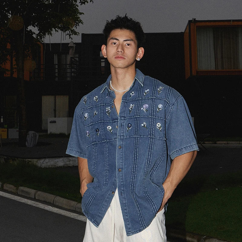 Denim Floral Embroidery Short Sleeve Shirt