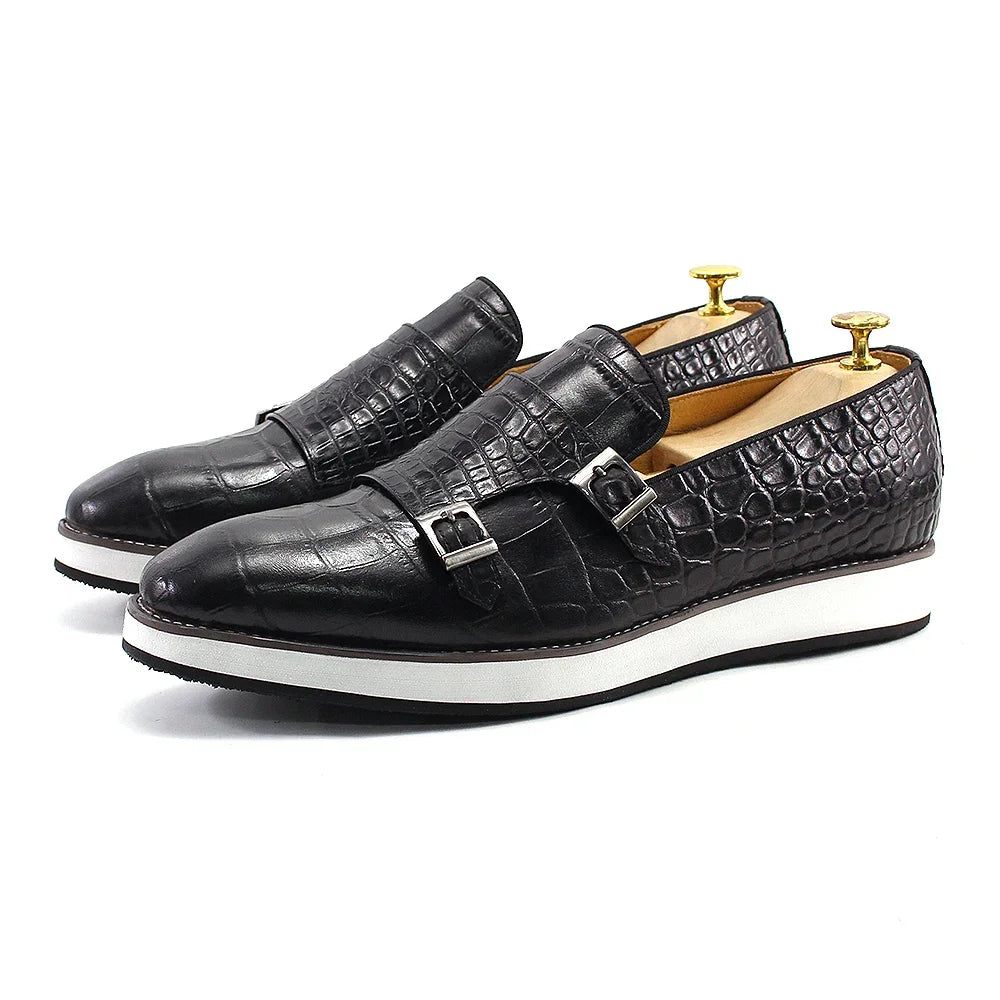 Crocodile Pattern Leather Double Monk Shoes